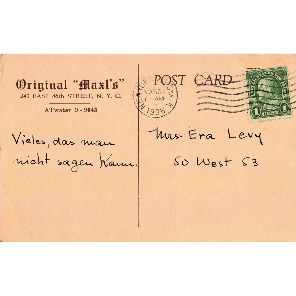 Yorkville New York NY NYC Maxl's Restaurant 243 E 86th St 1936 Postcard - Picture 2 of 2